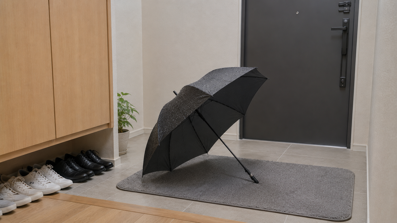 雨の日に使った傘を半開きで乾かしている玄関の様子